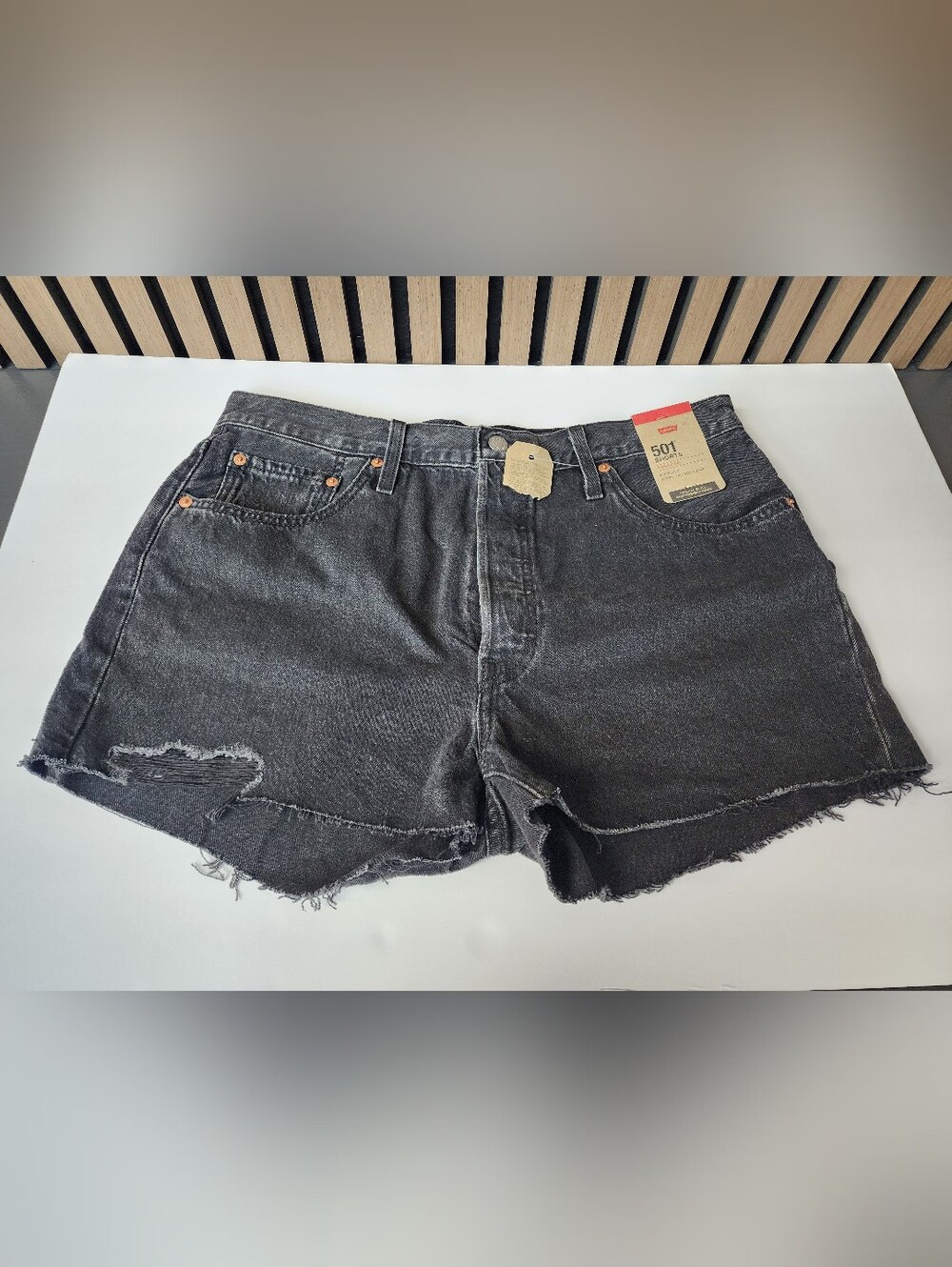 Women’s Levi’s 501 Cut-Off Jean Shorts Black Button High Rise Size 33 NEW